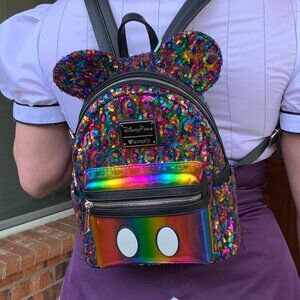 DISNEY PARKS LOUNGEFLY MICKEY EARS RAINBOW SEQUIN SPARKLING MINI BACKPACK